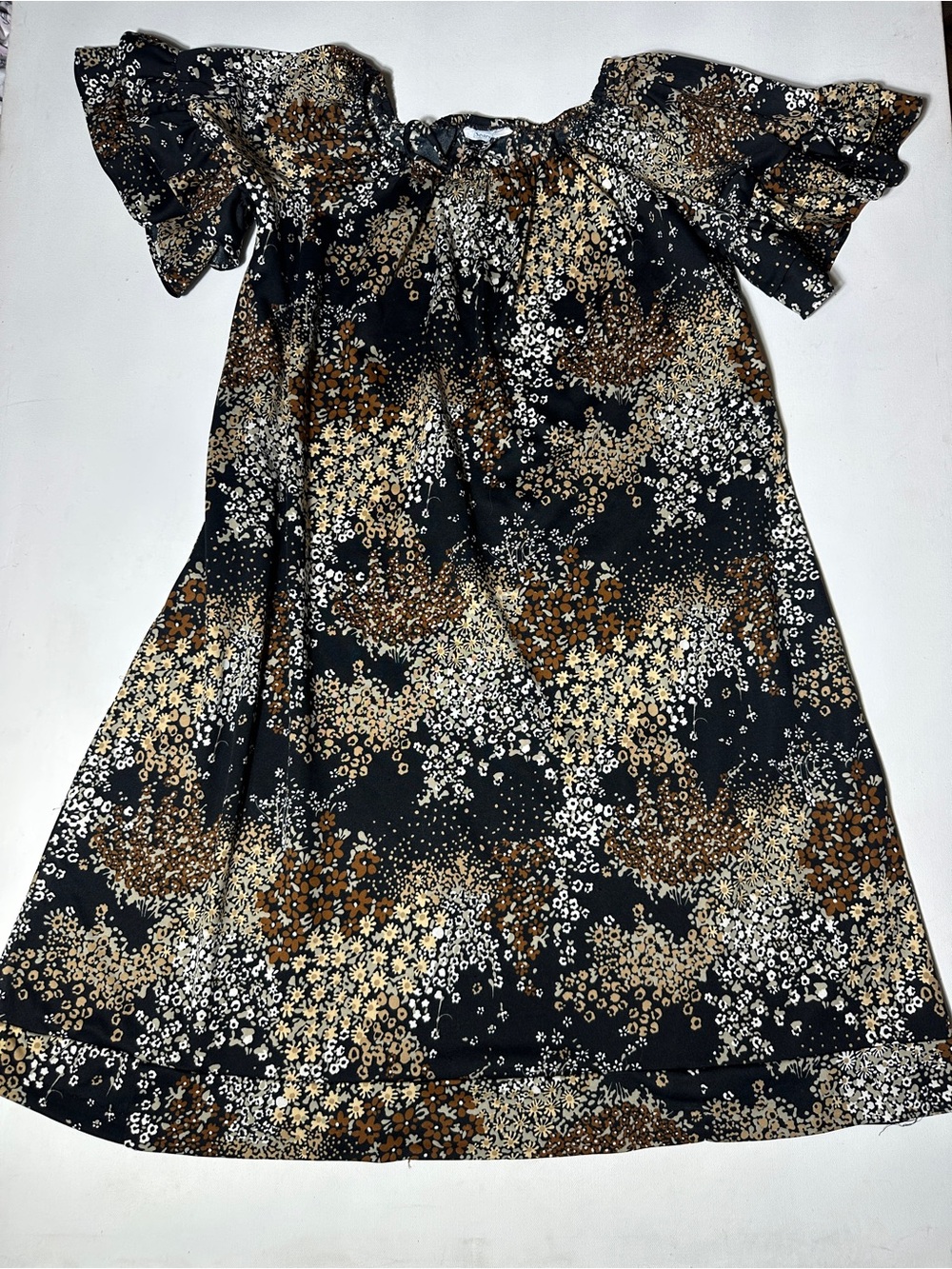 Vintage 1970s Sears Black Floral Midi Dress with Cream and Brown Print
